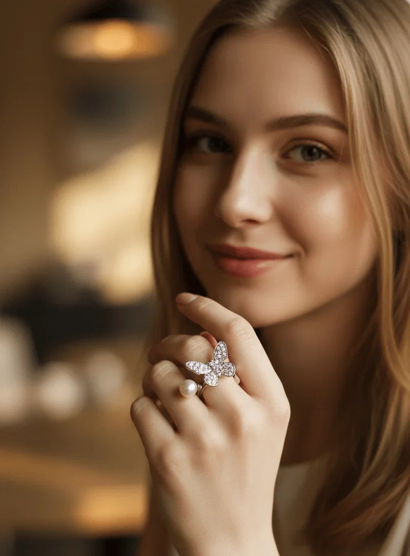 Elegant Pearl Butterfly Ring