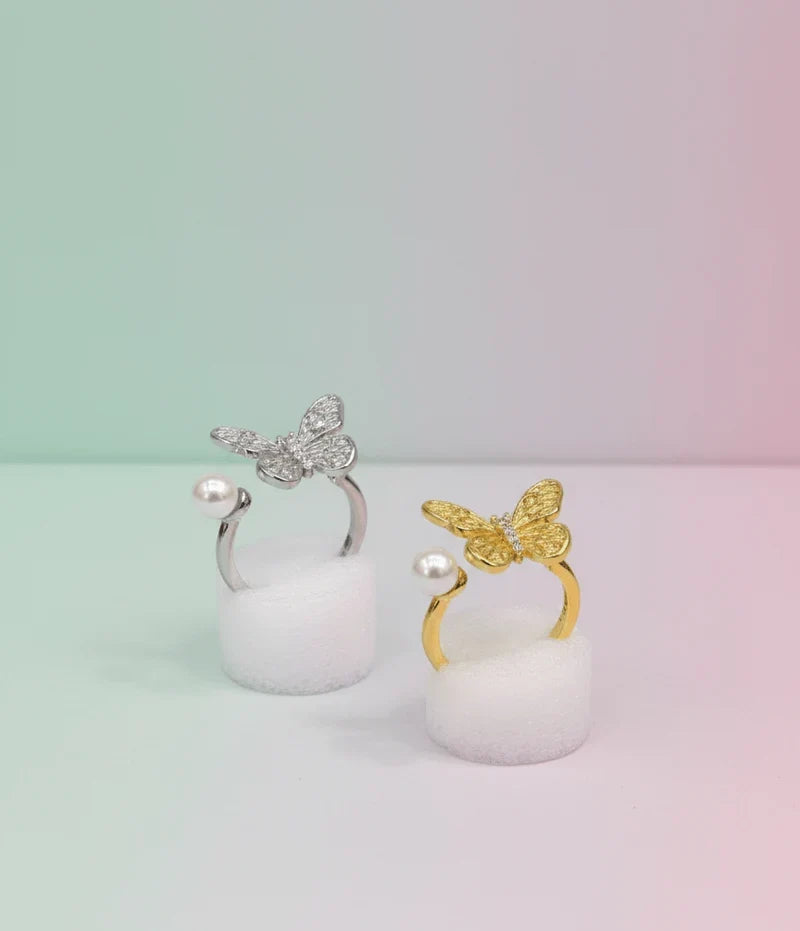 Elegant Pearl Butterfly Ring